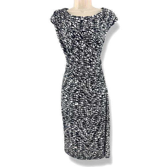 Coldwater Creek Black & White Print Ruched‎ Sheath Dress Size 12 Sleeveless - Picture 1 of 7